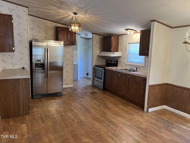 157 Power House Holw, Clintwood, VA 24228 - kitchen with a sink, a wainscoted wall, appliances with stainless steel finishes, and wallpapered walls