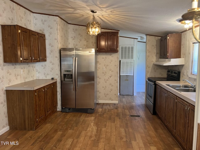 157 Power House Holw, Clintwood, VA 24228 - kitchen with a sink, range hood, dark wood finished floors, appliances with stainless steel finishes, and wallpapered walls
