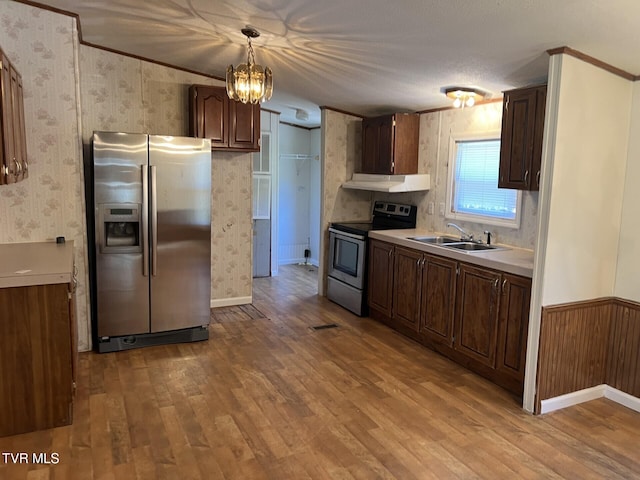 157 Power House Holw, Clintwood, VA 24228 - kitchen featuring wood finished floors, a wainscoted wall, wallpapered walls, a sink, and appliances with stainless steel finishes