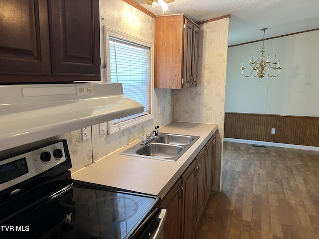 157 Power House Holw, Clintwood, VA 24228 - kitchen featuring wainscoting, stainless steel electric range, wood finished floors, a notable chandelier, and a sink