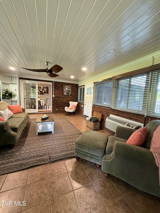 1209 Beechwood Dr, Johnson City, TN 37604 - living room featuring tile patterned floors, a ceiling fan, wooden ceiling, and brick wall