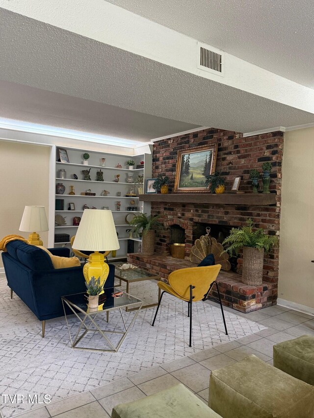1209 Beechwood Dr, Johnson City, TN 37604 - tiled living area with a textured ceiling, a brick fireplace, and baseboards