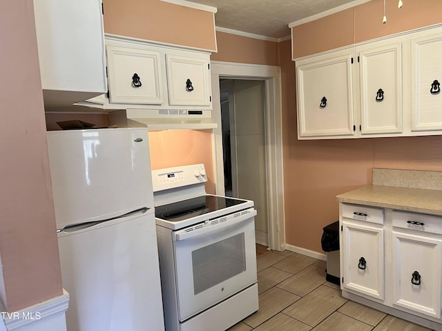 kitchen featuring crown molding, under cabinet range hood, wood finish floors, white appliances, and white cabinets