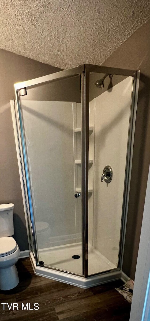 bathroom with a shower stall, a textured ceiling, wood finished floors, and toilet
