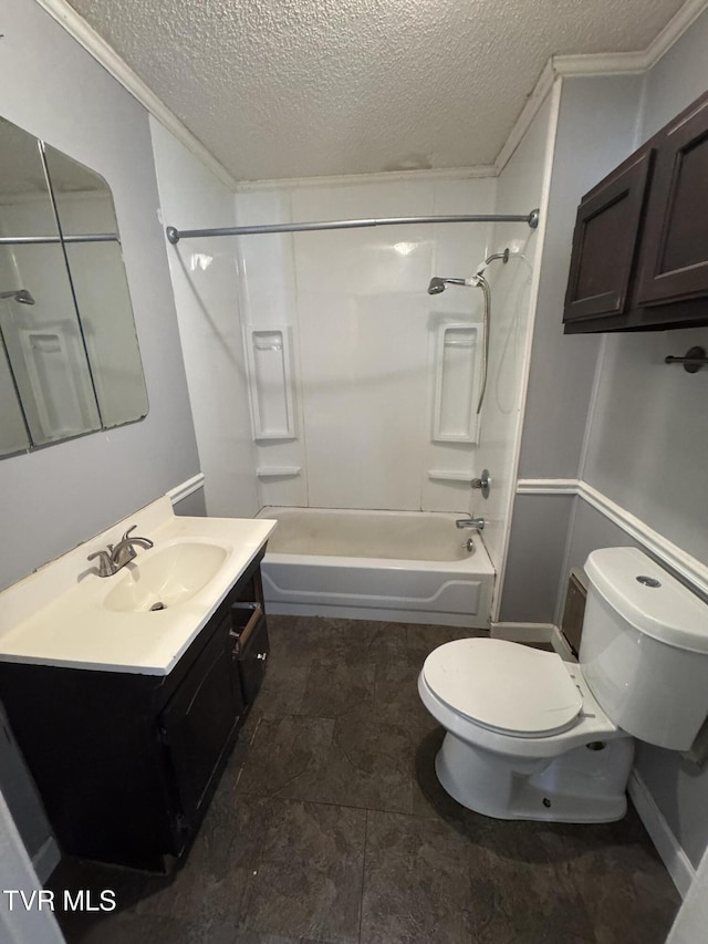 full bathroom featuring tub / shower combination, toilet, vanity, and a textured ceiling