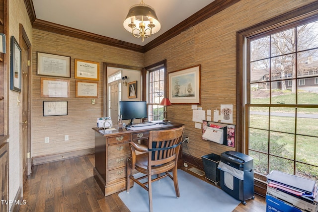 1221 Radcliffe Ave, Kingsport, TN 37664 - office area featuring dark wood-style floors, ornamental molding, and an inviting chandelier