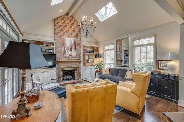 1221 Radcliffe Ave, Kingsport, TN 37664 - living area featuring beam ceiling, built in shelves, a skylight, dark wood-style floors, and an inviting chandelier