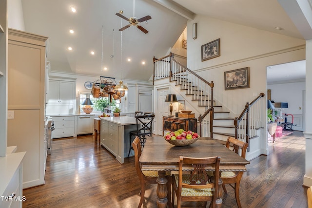 1221 Radcliffe Ave, Kingsport, TN 37664 - dining area with stairs, high vaulted ceiling, dark wood finished floors, beam ceiling, and ceiling fan