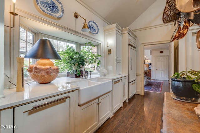1221 Radcliffe Ave, Kingsport, TN 37664 - kitchen featuring white cabinetry, light countertops, lofted ceiling, a sink, and dark wood-style floors