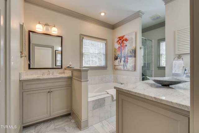 1221 Radcliffe Ave, Kingsport, TN 37664 - bathroom featuring vanity, ornamental molding, a garden tub, and a tile shower