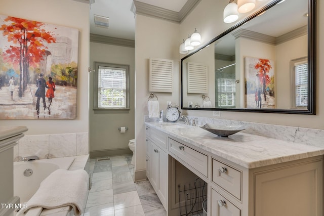 1221 Radcliffe Ave, Kingsport, TN 37664 - bathroom featuring vanity, toilet, ornamental molding, marble finish floor, and a garden tub
