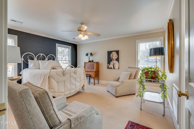 1221 Radcliffe Ave, Kingsport, TN 37664 - bedroom with baseboards, light colored carpet, visible vents, ceiling fan, and ornamental molding