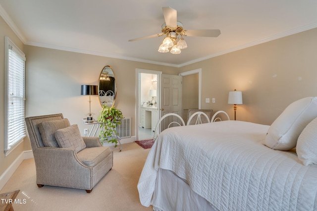 1221 Radcliffe Ave, Kingsport, TN 37664 - bedroom with crown molding, light colored carpet, baseboards, connected bathroom, and ceiling fan