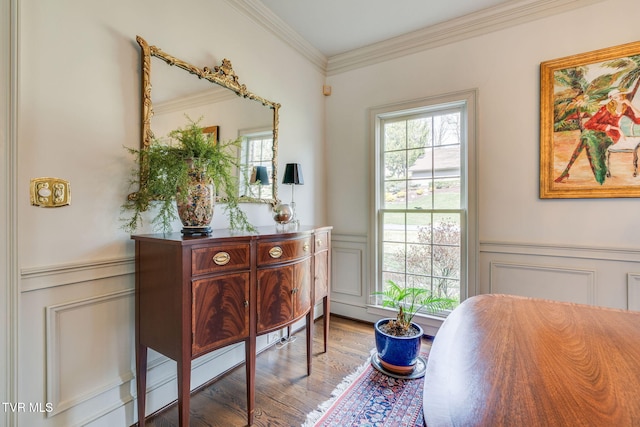 1221 Radcliffe Ave, Kingsport, TN 37664 - living area featuring a wainscoted wall, wood finished floors, and ornamental molding