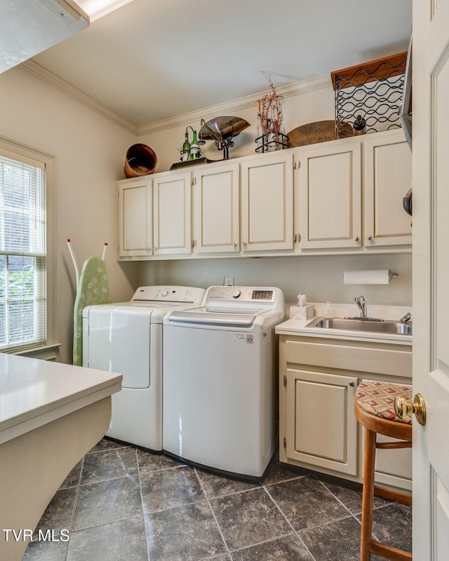 1221 Radcliffe Ave, Kingsport, TN 37664 - washroom with independent washer and dryer, a sink, cabinet space, and crown molding