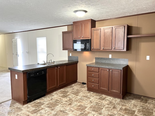 13 Woods Rd, Castlewood, VA 24224 - kitchen featuring a peninsula, dark countertops, a sink, black appliances, and brown cabinetry