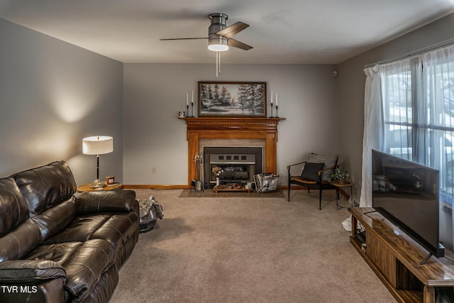 118 Starlite Dr, Greeneville, TN 37743 - living area with a fireplace with flush hearth, carpet floors, baseboards, and a ceiling fan