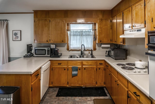 118 Starlite Dr, Greeneville, TN 37743 - kitchen featuring light countertops, a peninsula, white appliances, under cabinet range hood, and a sink