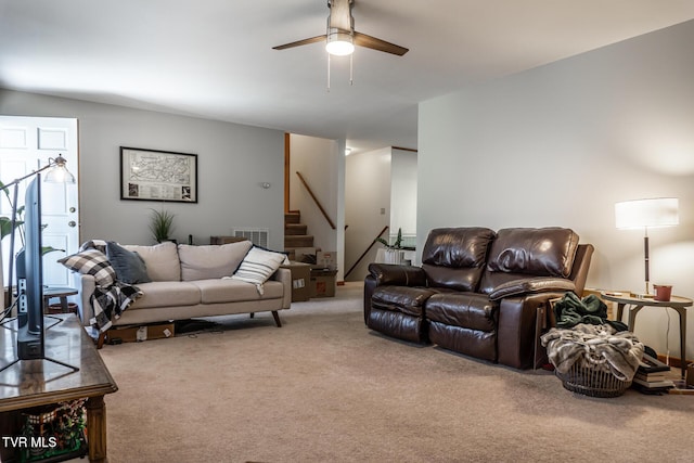 118 Starlite Dr, Greeneville, TN 37743 - living area with visible vents, stairway, ceiling fan, and carpet
