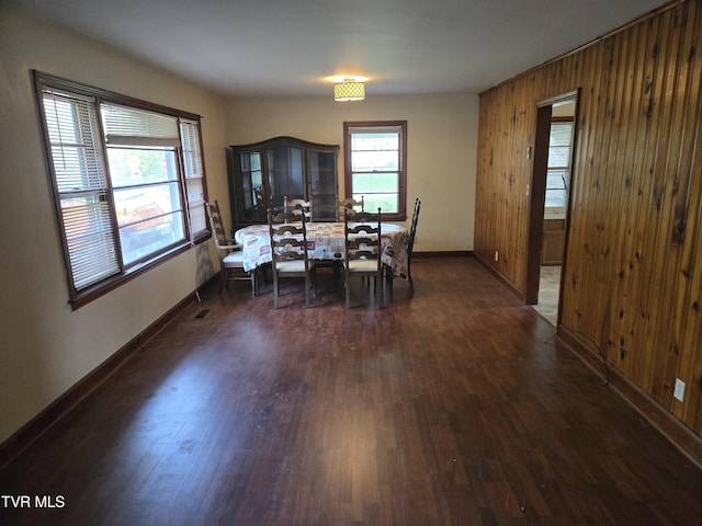 1606 Lester Harris Rd, Johnson City, TN 37601 - dining room with dark wood-style flooring, baseboards, and wooden walls