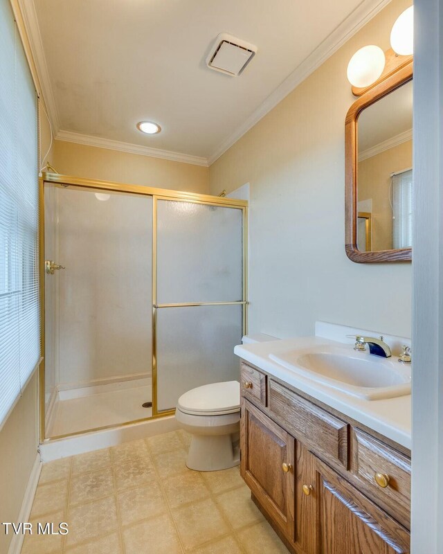 2017 Springfield Ave, Kingsport, TN 37664 - bathroom with visible vents, a shower stall, ornamental molding, toilet, and vanity
