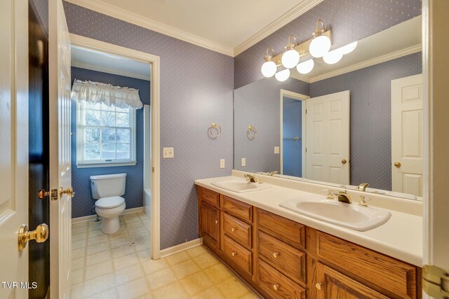 2017 Springfield Ave, Kingsport, TN 37664 - bathroom with baseboards, wallpapered walls, crown molding, and a sink