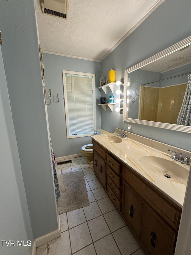 649 Sugar Run Rd, Jonesville, VA 24263 - full bathroom with crown molding, double vanity, toilet, a textured ceiling, and tile patterned flooring