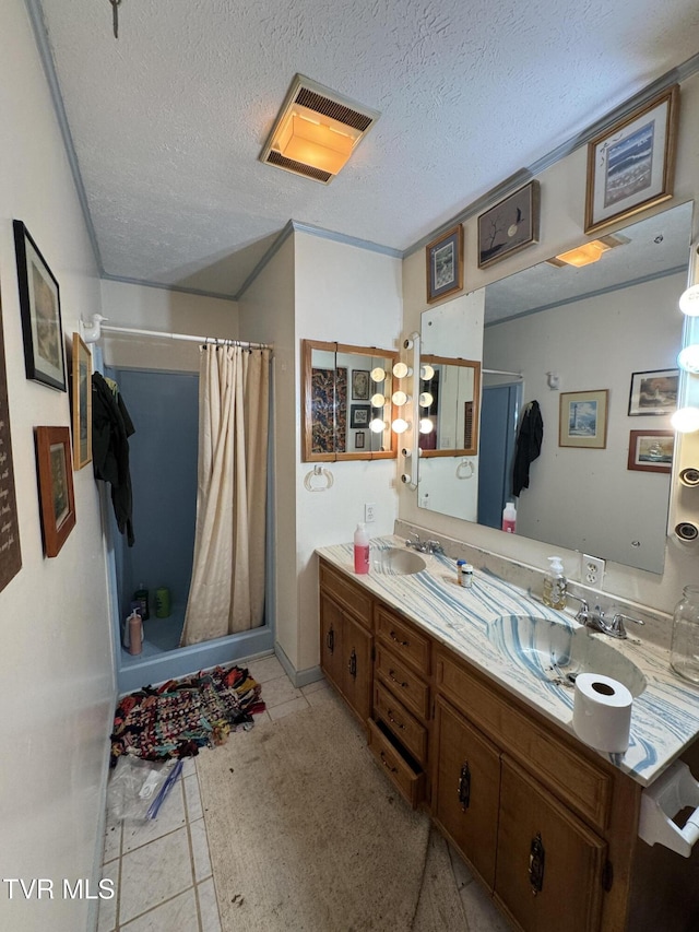 649 Sugar Run Rd, Jonesville, VA 24263 - full bathroom with curtained shower, double vanity, a textured ceiling, and tile patterned floors