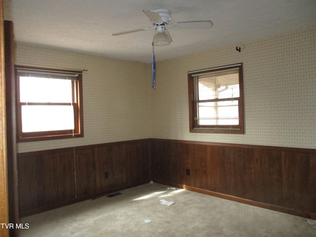 145 Rock City Rd, Kingsport, TN 37664 - carpeted spare room featuring a wainscoted wall, a wealth of natural light, wallpapered walls, and a ceiling fan