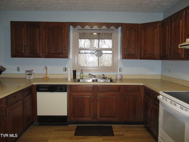 145 Rock City Rd, Kingsport, TN 37664 - kitchen featuring light countertops, a sink, a textured ceiling, light wood-style flooring, and white appliances