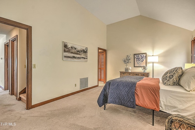 55 Grove Hill Rd, Kingsport, TN 37660 - bedroom with light carpet, baseboards, visible vents, and high vaulted ceiling