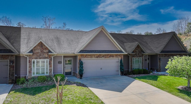 374 Coldwater Dr, Johnson City, TN 37601 - view of front of house with roof with shingles, driveway, stone siding, an attached garage, and a front yard