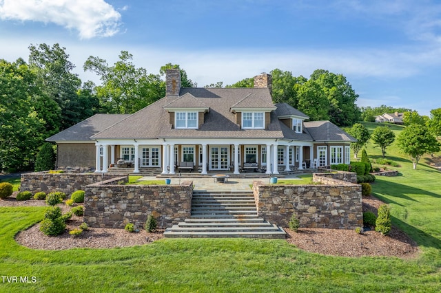 19 Summer Hill Ln, Greeneville, TN 37745 - rear view of property featuring a yard, french doors, a chimney, a patio, and stairs