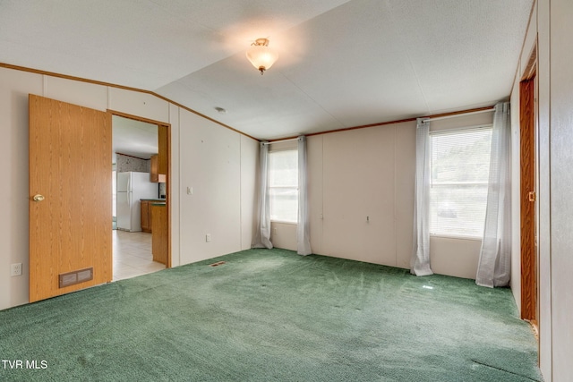120 Bear Hollow Rd, Bristol, TN 37620 - unfurnished bedroom featuring visible vents, freestanding refrigerator, lofted ceiling, and light carpet
