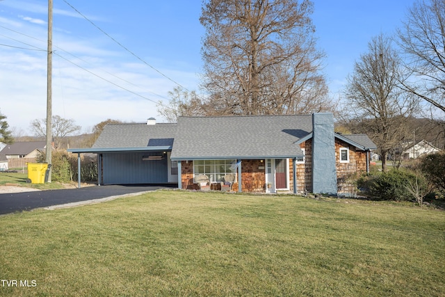 4245 Maplewood St, Kingsport, TN 37660 - mid-century home featuring roof with shingles, aphalt driveway, a front yard, an attached carport, and a chimney