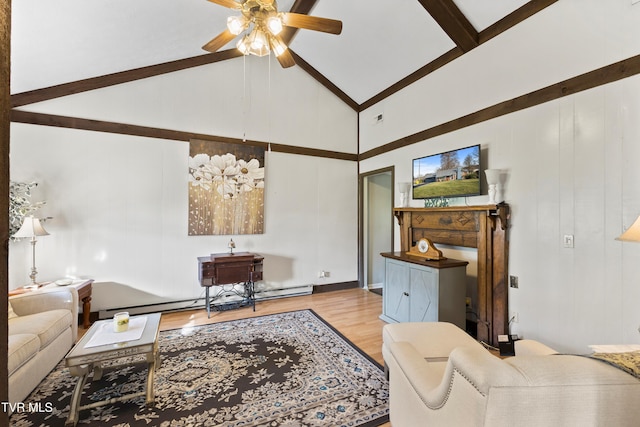 4245 Maplewood St, Kingsport, TN 37660 - living area featuring a baseboard heating unit, high vaulted ceiling, visible vents, a ceiling fan, and wood finished floors
