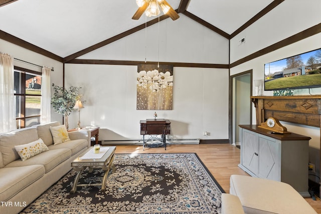 4245 Maplewood St, Kingsport, TN 37660 - living area with high vaulted ceiling, visible vents, a baseboard radiator, ceiling fan, and wood finished floors