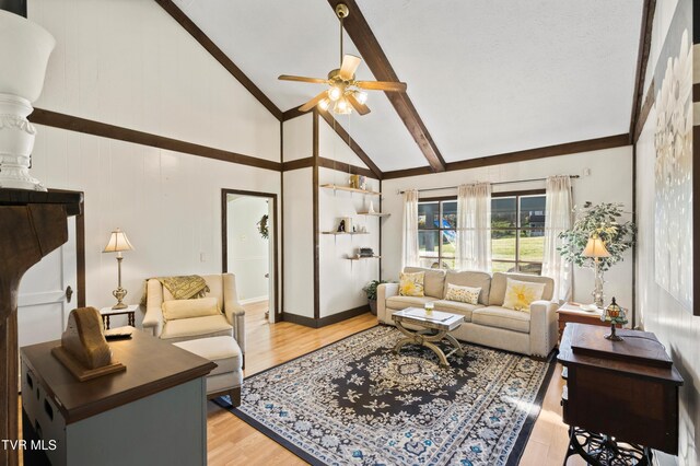 4245 Maplewood St, Kingsport, TN 37660 - living room featuring beamed ceiling, high vaulted ceiling, light wood-style floors, and a ceiling fan