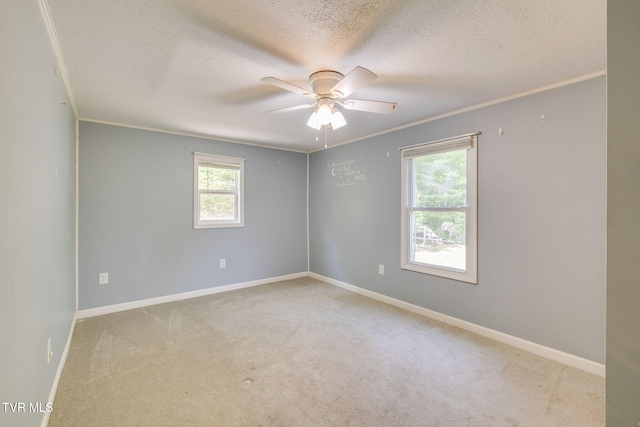 empty room featuring carpet floors, a textured ceiling, and ceiling fan