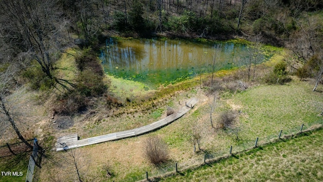 drone / aerial view featuring a water view and a forest view