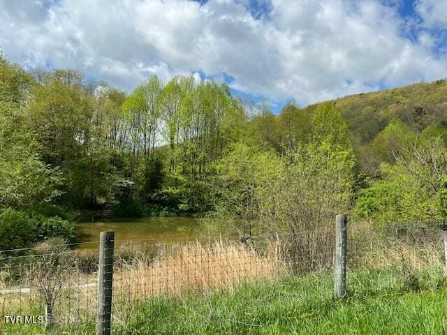 view of landscape with a water view and a wooded view