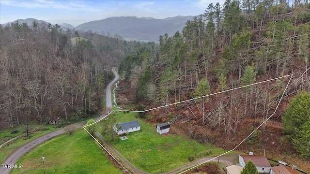 bird's eye view featuring a mountain view and a view of trees
