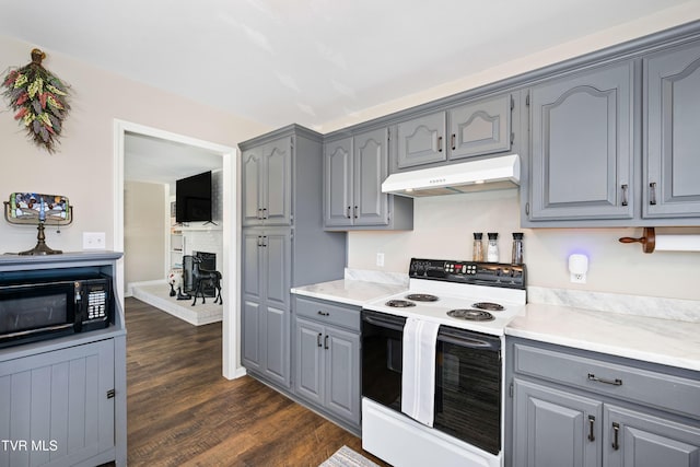 kitchen featuring gray cabinetry, under cabinet range hood, black microwave, and electric range