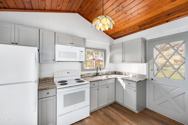 kitchen with wooden ceiling, dark wood finished floors, white appliances, lofted ceiling, and a sink