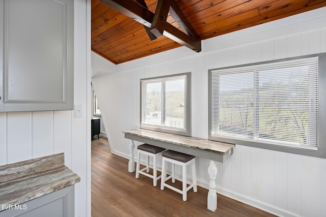 dining space featuring dark wood-style floors, wood ceiling, and lofted ceiling with beams