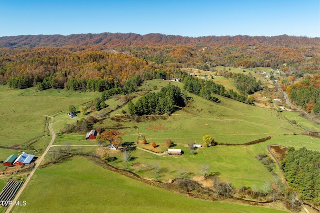 bird's eye view featuring a forest view, a mountain view, and a rural view