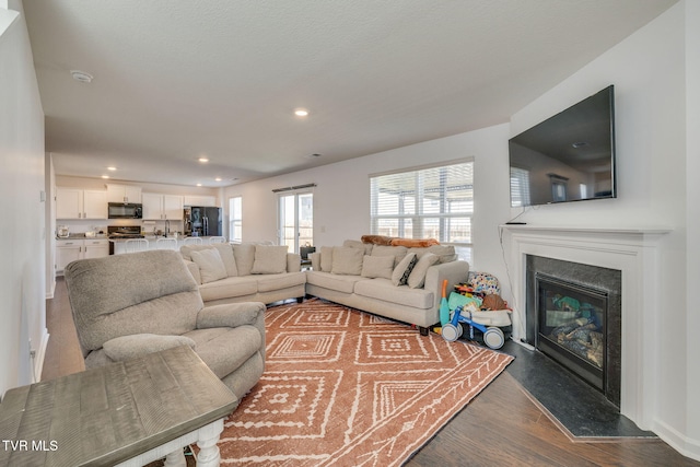 1205 Stamp Lodge Rd, Kingsport, TN 37660 - living room featuring dark wood-style floors, recessed lighting, and a premium fireplace