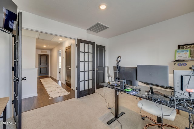 1205 Stamp Lodge Rd, Kingsport, TN 37660 - carpeted office featuring baseboards, visible vents, wood finished floors, and recessed lighting