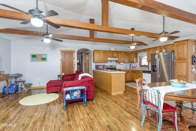 23324 Denton Valley Rd, Abingdon, VA 24211 - living area featuring lofted ceiling with beams, baseboards, arched walkways, light wood finished floors, and a ceiling fan