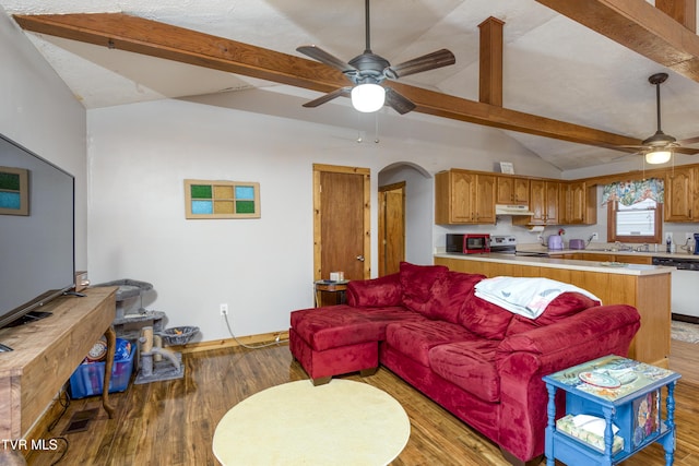 23324 Denton Valley Rd, Abingdon, VA 24211 - living room featuring arched walkways, vaulted ceiling with beams, light wood-style flooring, and a ceiling fan